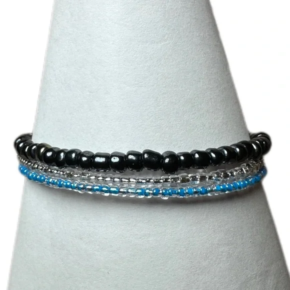 Layered black and blue bracelet handmade memory wire one size fits most - Picture 1 of 5
